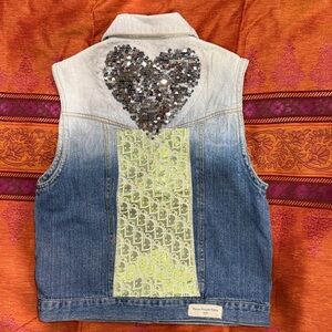 Designer Inspired Denim Vest Sequin Heart sz S